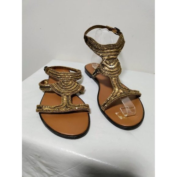 Zingara Womens Metallic Gold Sequins Open Toe Flat Sandals Size 38/7.5 - Picture 6 of 12